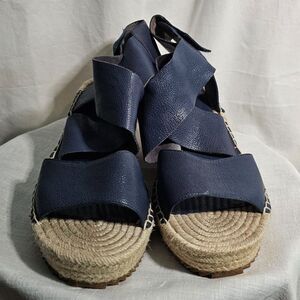 New Eileen Fisher Slate Blue Leather Strappy Platform Wedge Sandals sz 10 w Heel